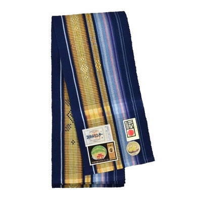 読谷山ミンサー 半幅帯 藍×黄色 ｜読谷山花織事業協同組合